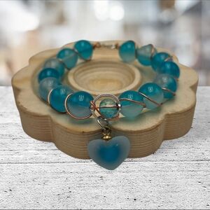 Handmade wirewrapped Blue Heart Charm Bracelet